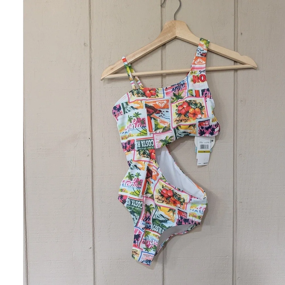Roxy Girls Tropical‎ Postcard Cutout One Piece Swimsuit One Shoulder Size 14 NWT